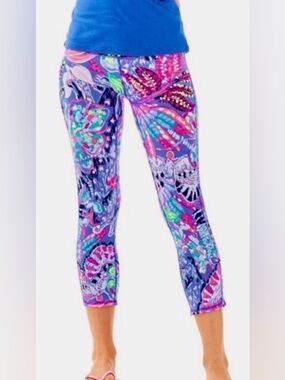 Lilly Pulitzer Luxletic Weekender Cropped Leggings Fantasy Garden Blue Sz Small